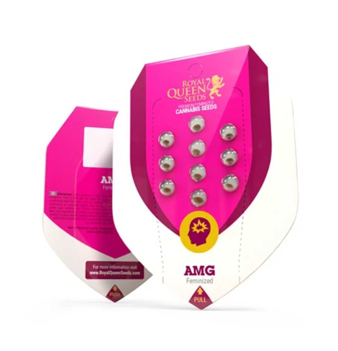 Verpackung der AMG Amnesia Mac Ganja Samen von Royal Queen Seeds mit markantem pinkem Design.