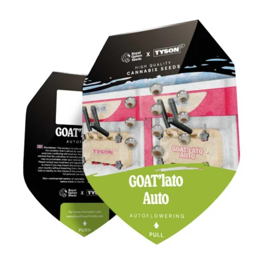 Verpackung der Auto Goat Lato Samen mit Tyson 2.0 Branding und Zuchtinformationen
