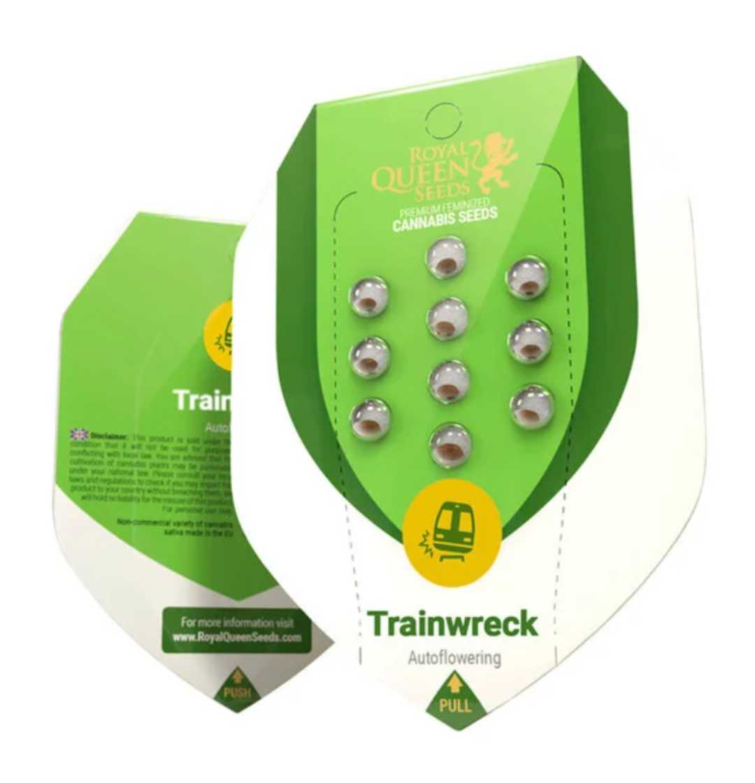 Auto Trainwreck Royal Queen Seeds Verpackung mit 12 feminisierten Samen in grünem Design.