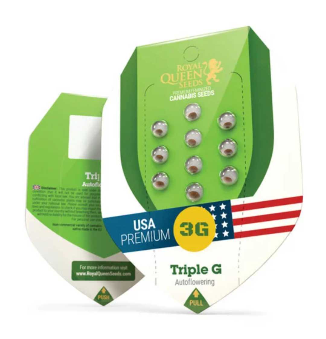 Samenverpackung von Auto Triple G von Royal Queen Seeds mit USA-Premium-Label.