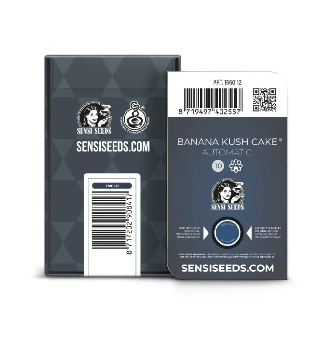 Verpackung der Sorte Banana Kush Cake Automatic von Sensi Seeds mit Barcode und Logo