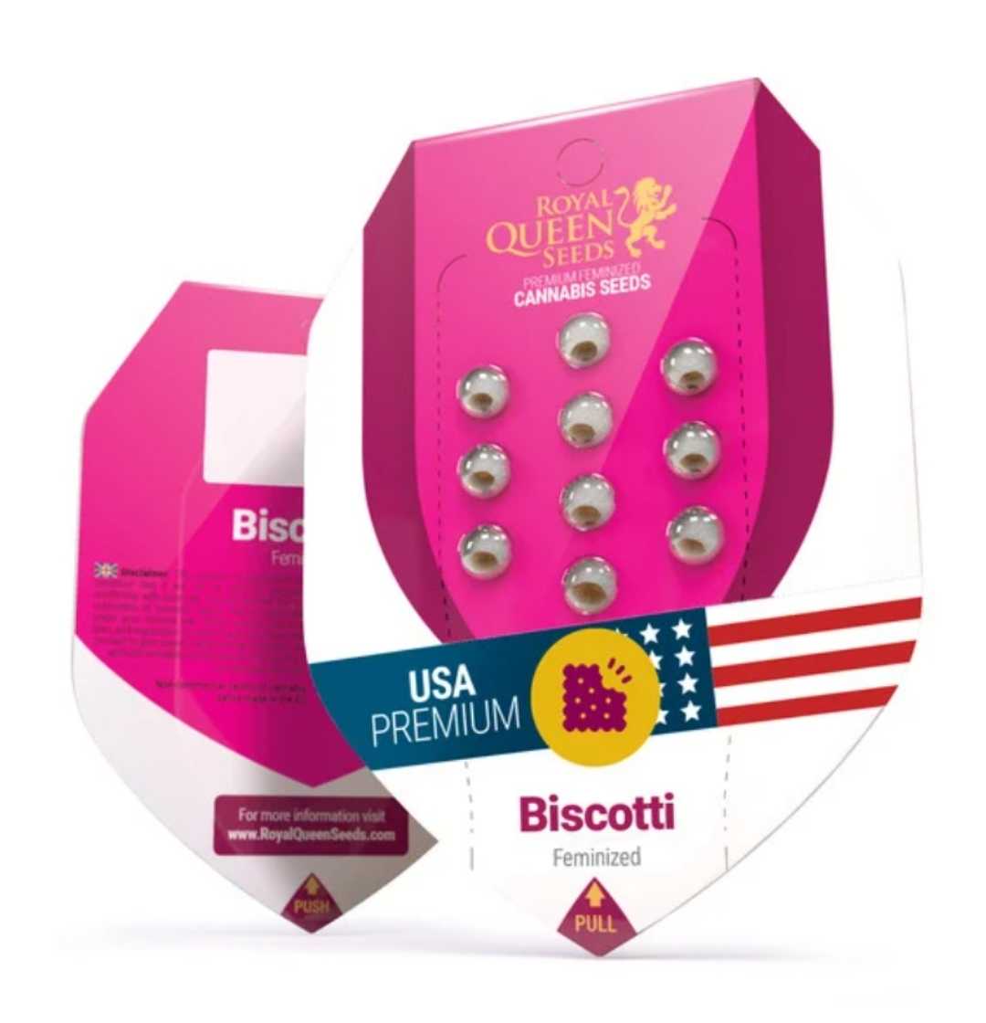 Royal Queen Seeds Biscotti Samenverpackung mit USA-Premium-Siegel und sichtbar angeordneten Samen