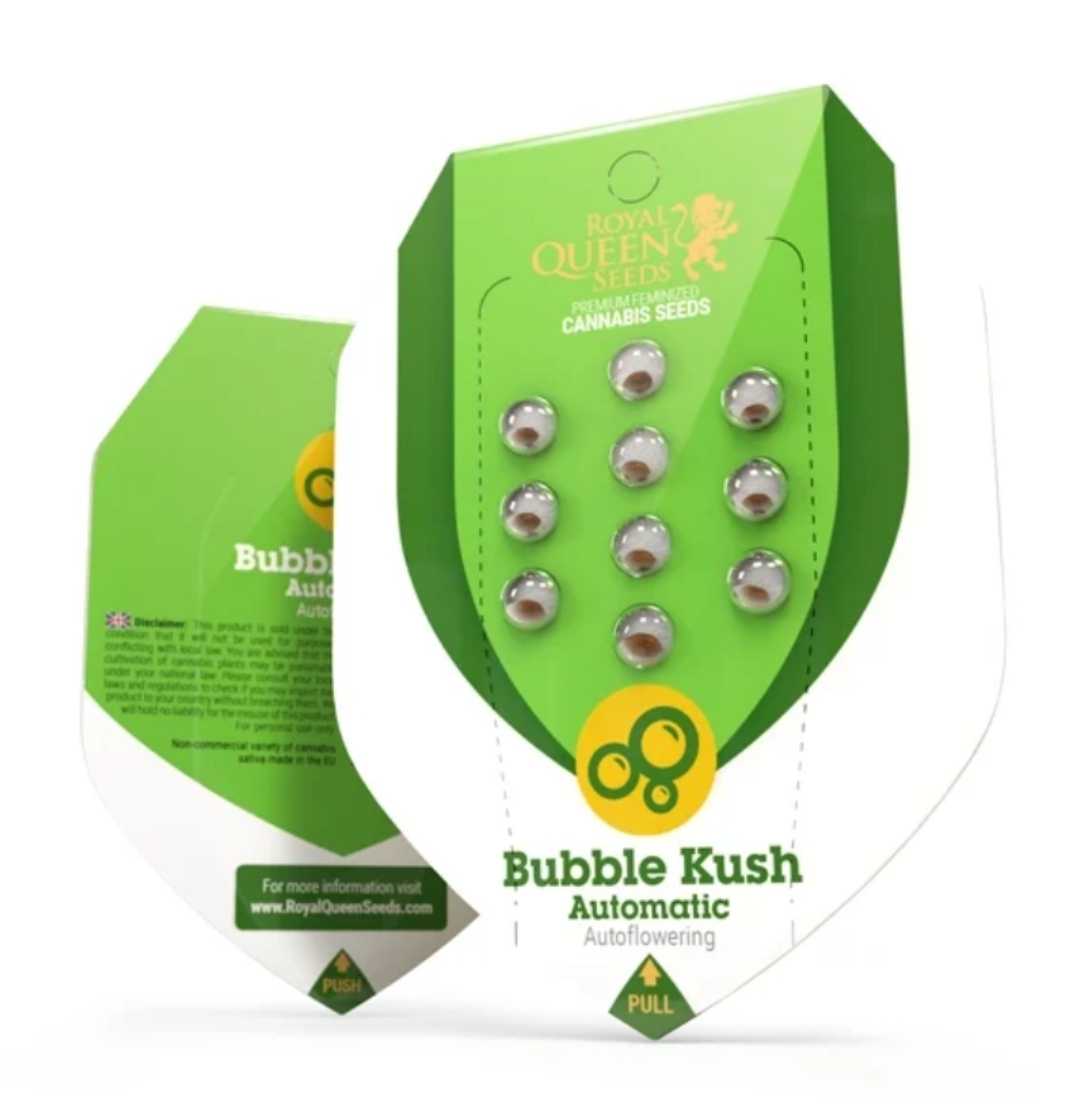 Bubble Kush Auto Samenpackung von Royal Queen Seeds mit grüner Hülle und sichtbaren Samen
