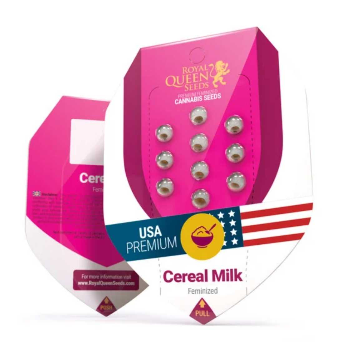 Cereal Milk cannabis seed packaging by Royal Queen Seeds, showcasing USA Premium branding.