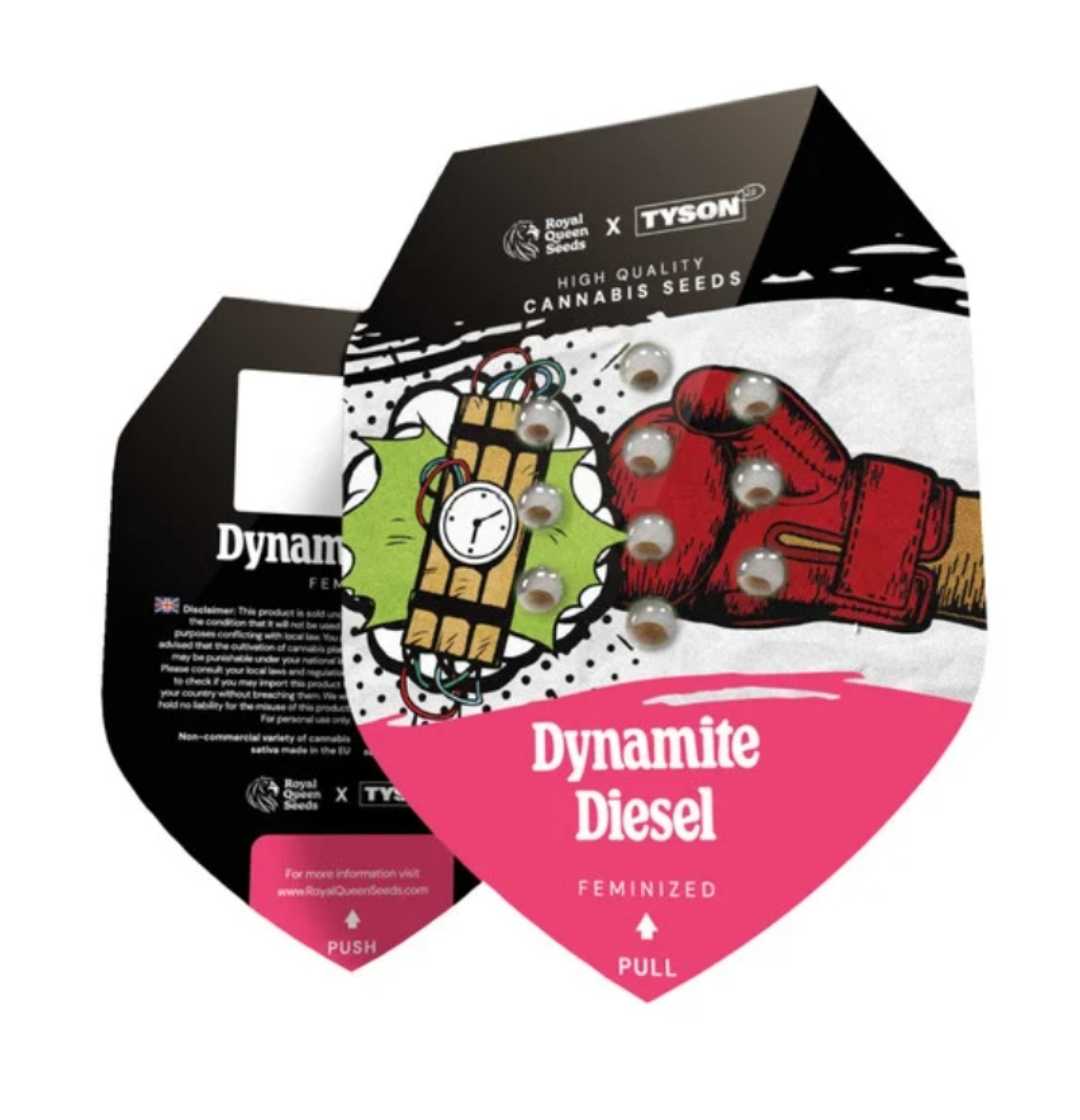 Dynamite Diesel Samenverpackung mit Tyson-Logo und dynamischer Grafik in Rosa und Schwarz