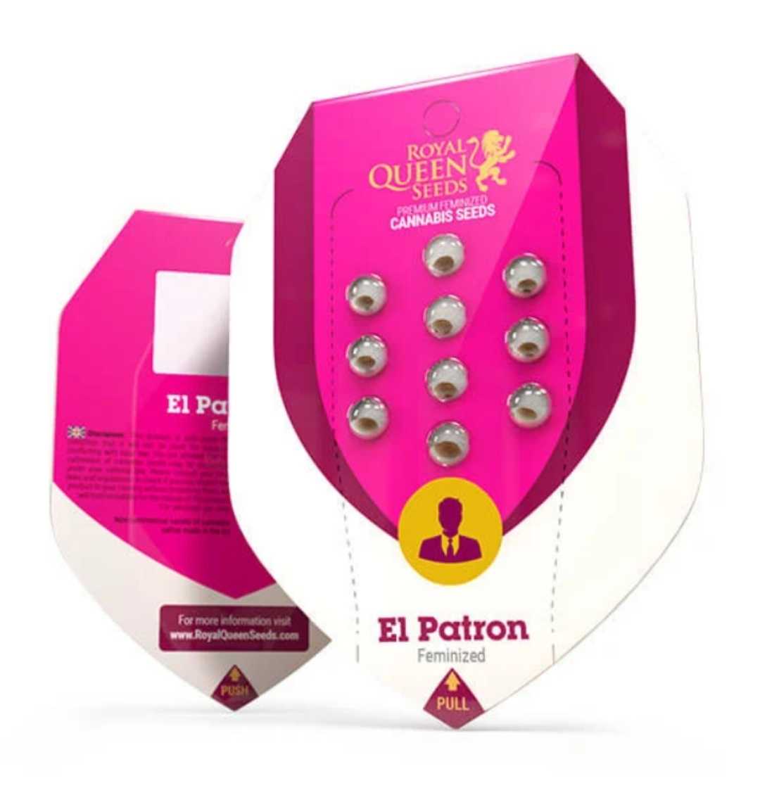 El Patron Saatgutverpackung von Royal Queen Seeds in pinkem Design mit Blisteransicht.