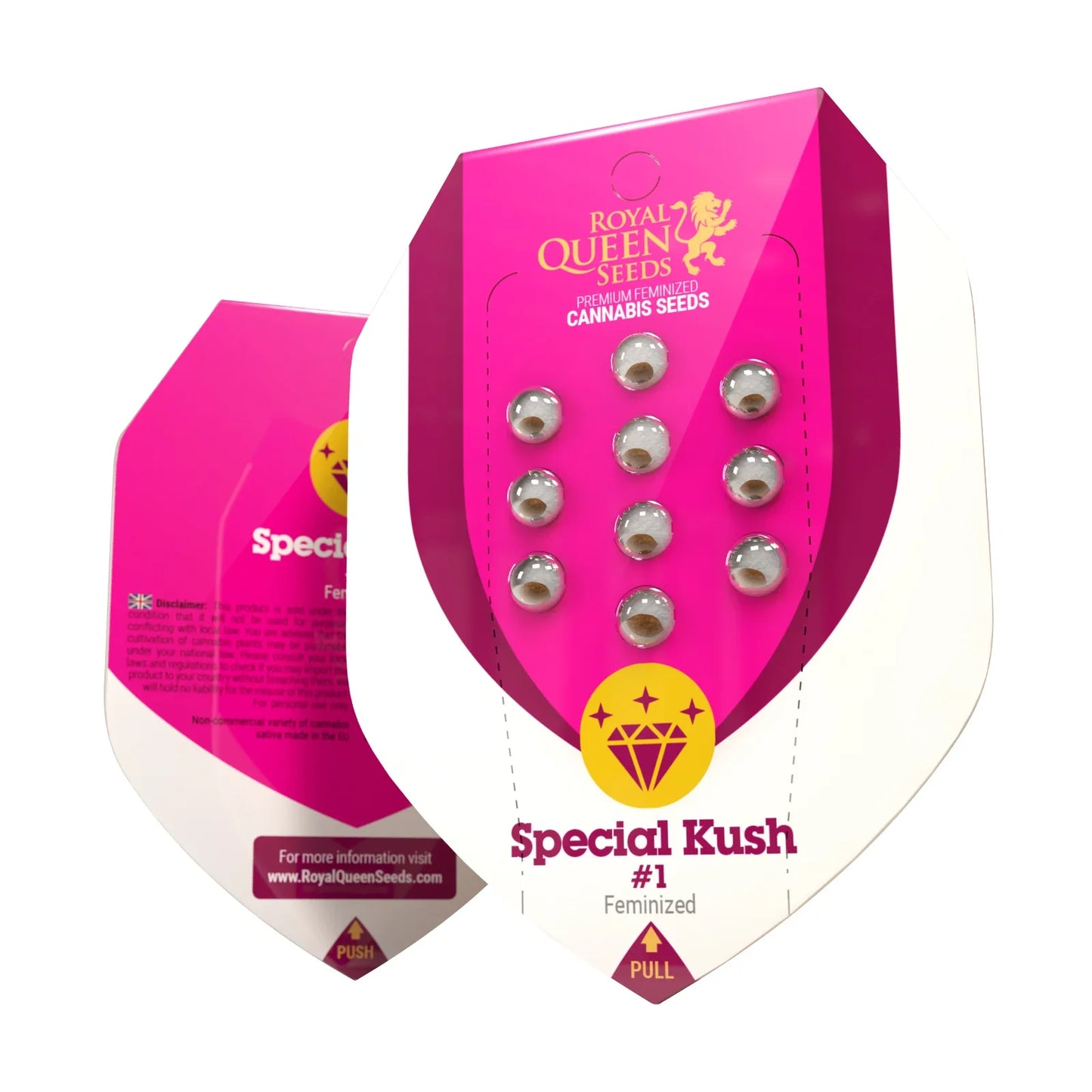 Verpackung der Cannabissorte Special Kush 1 von Royal Queen Seeds mit markantem Pink-Design und Samenansicht.