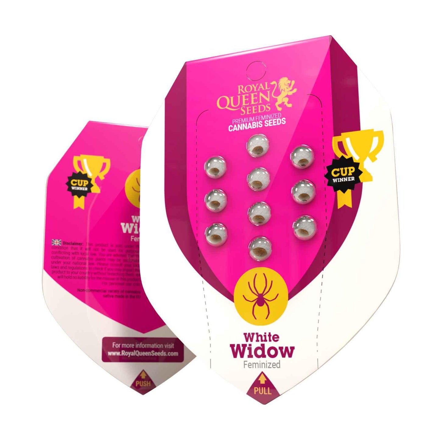 White Widow Samenverpackung von Royal Queen Seeds mit pinkem Design und Trophäen-Symbolen