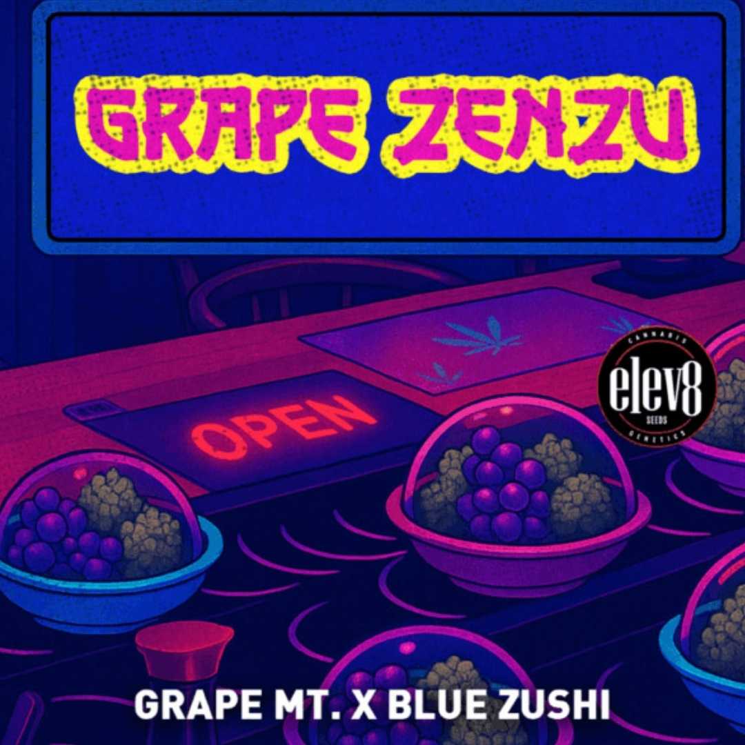 Grape Zenzu Artwork mit Trauben und Cannabisbuds auf einem beleuchteten Tresen