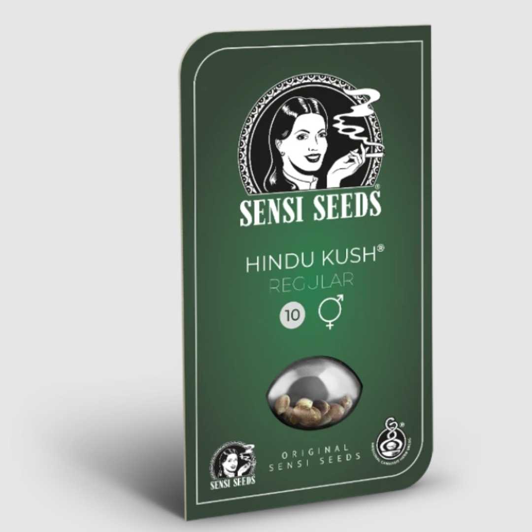 Verpackung von Sensi Seeds Hindu Kush Regular mit Sichtfenster für die Cannabissamen