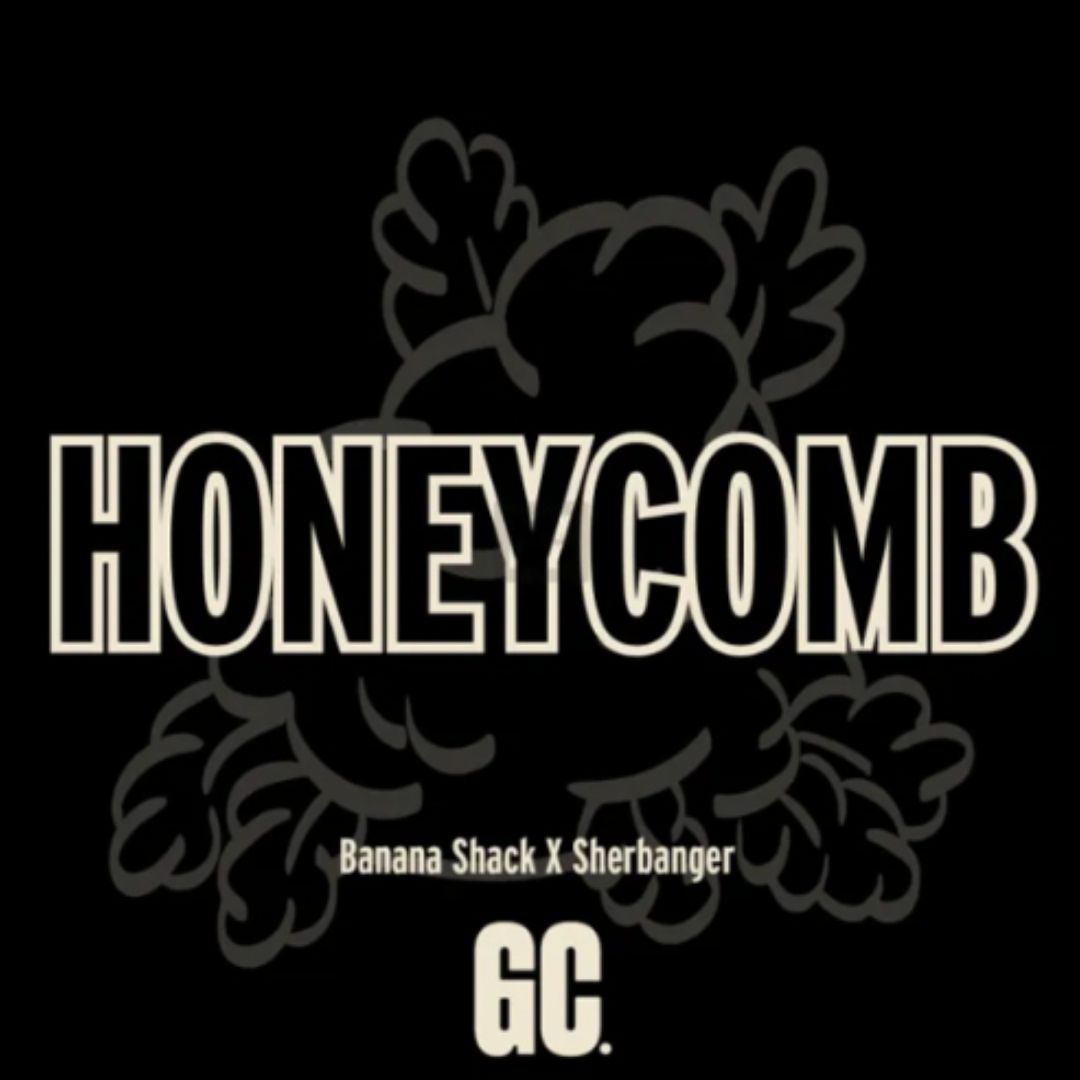 Honeycomb Logo mit Banana Shack x Sherbanger Genetik und GC Branding