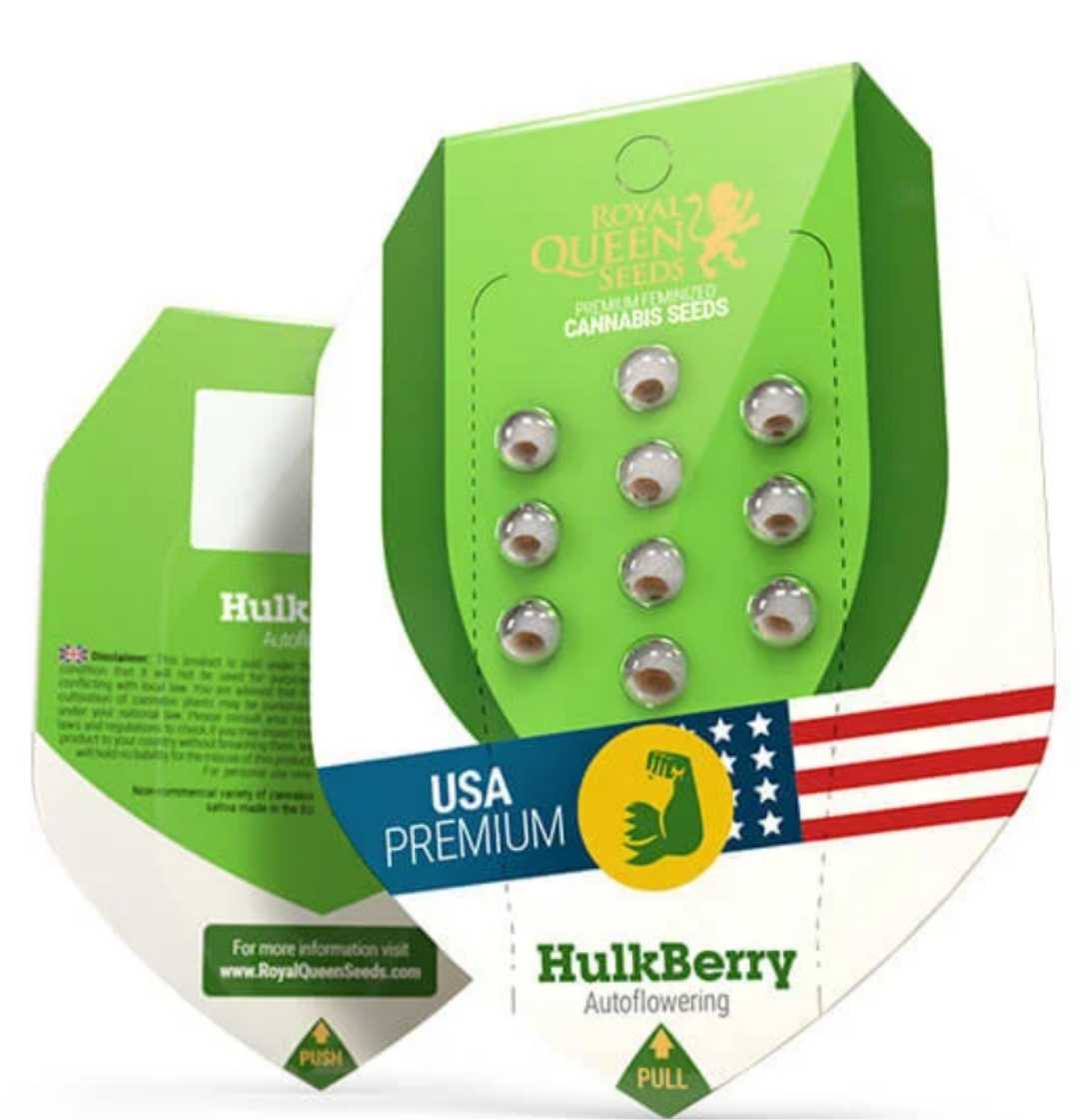 Hulkberry Auto Samenpackung von Royal Queen Seeds mit zehn sichtbar eingekapselten Seeds