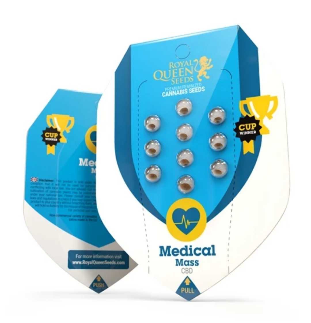 Royal Queen Seeds Verpackung der Medical Mass Samen im blau-weißen Schilddesign mit Pokal-Icons