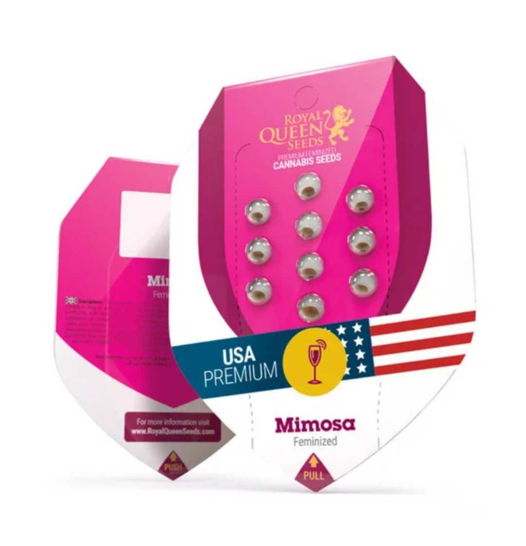 Mimosa Samenpackung von Royal Queen Seeds in pinkem Design mit USA-Premium Label und Sichtfenster für Samen