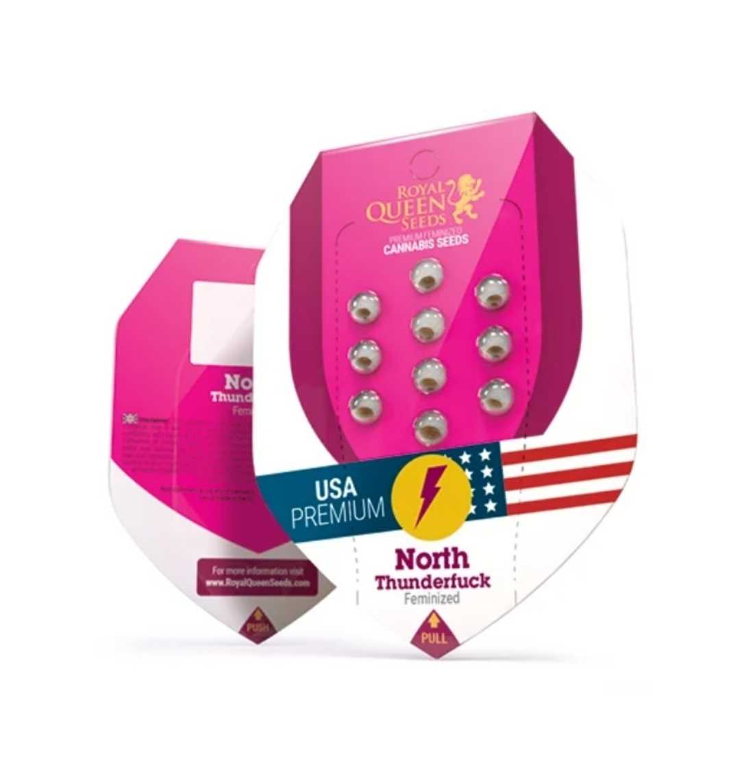 Royal Queen Seeds Verpackung für North Thunderfuck Hanfsamen mit USA-Premium-Label und Saatgutübersicht.