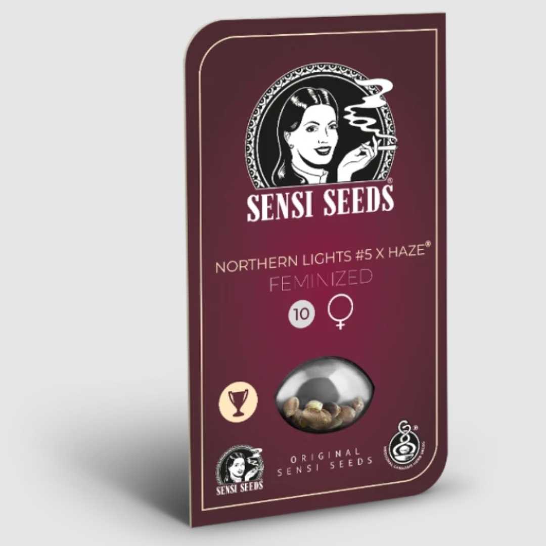 Northern Lights #5 x Haze feminisierte Samenpackung von Sensi Seeds mit 10er Symbol und Sortenlogo