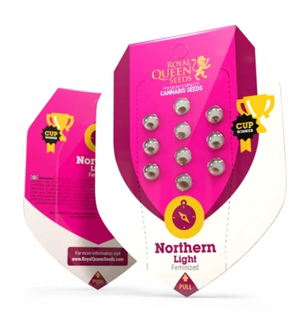 Northern Light Royal Queen Seeds Verpackung mit 10 feminisierten Hanfsamen und Cup-Symbol