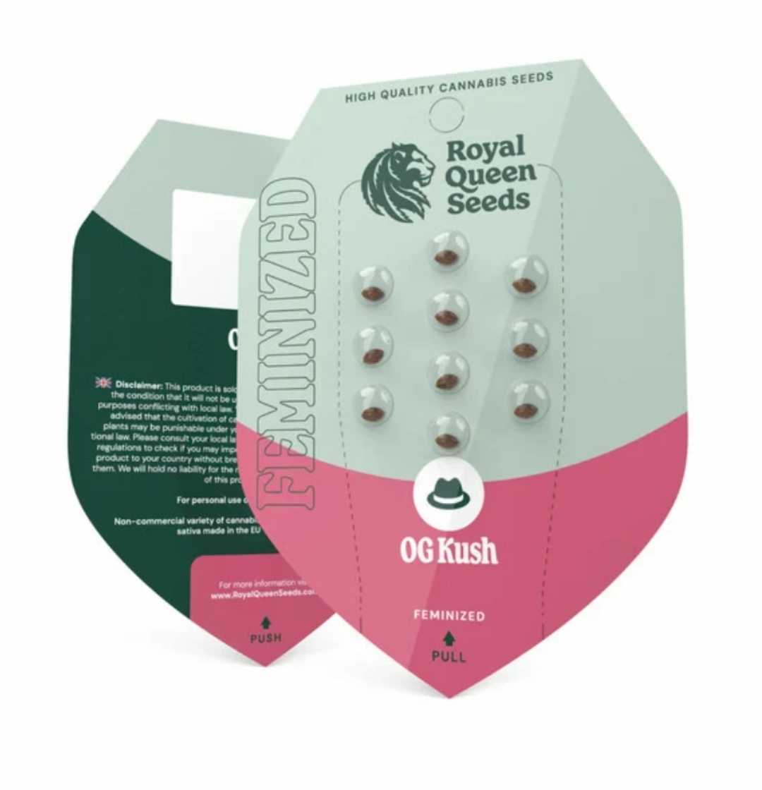 OG Kush Samenpackung von Royal Queen Seeds mit versiegelten feminisierten Saatgutperlen