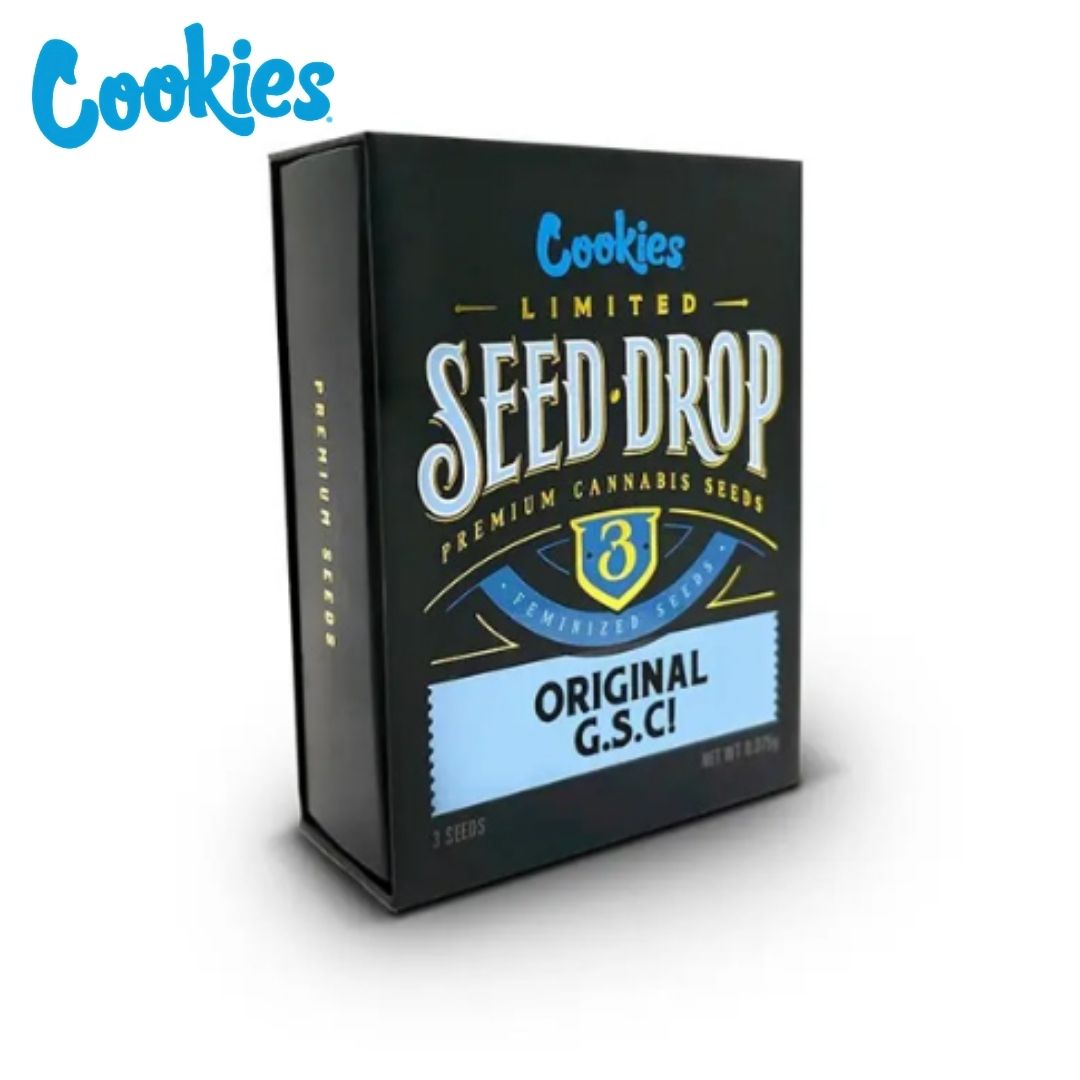 Original G.S.C. Seed Drop Verpackung von Cookies mit Premium Cannabissamen Schriftzug