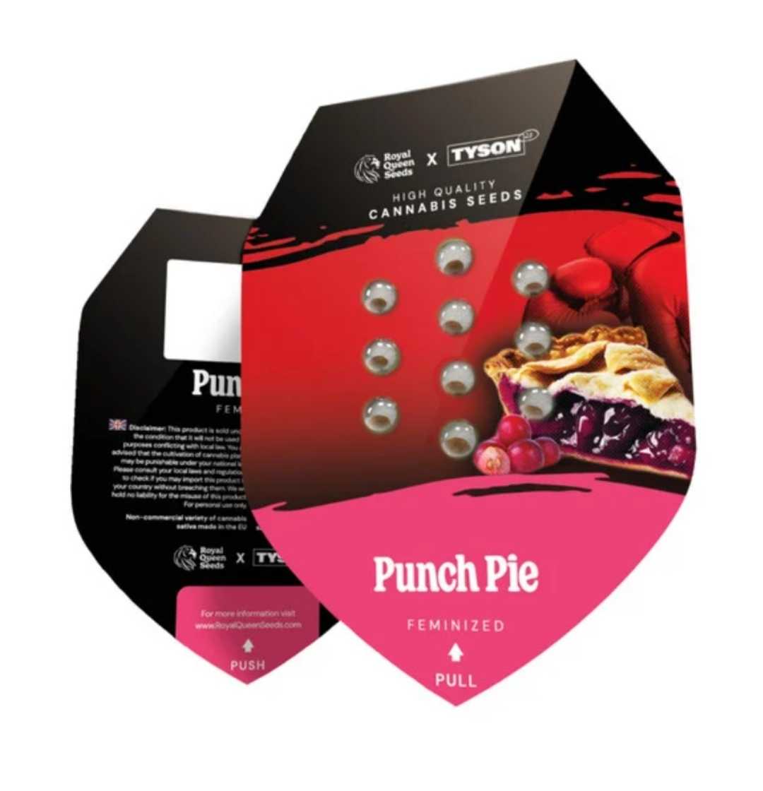 Sechseckige Punch Pie-Samenverpackung mit Saatgutfenster und rosafarbenem Pie-Logo
