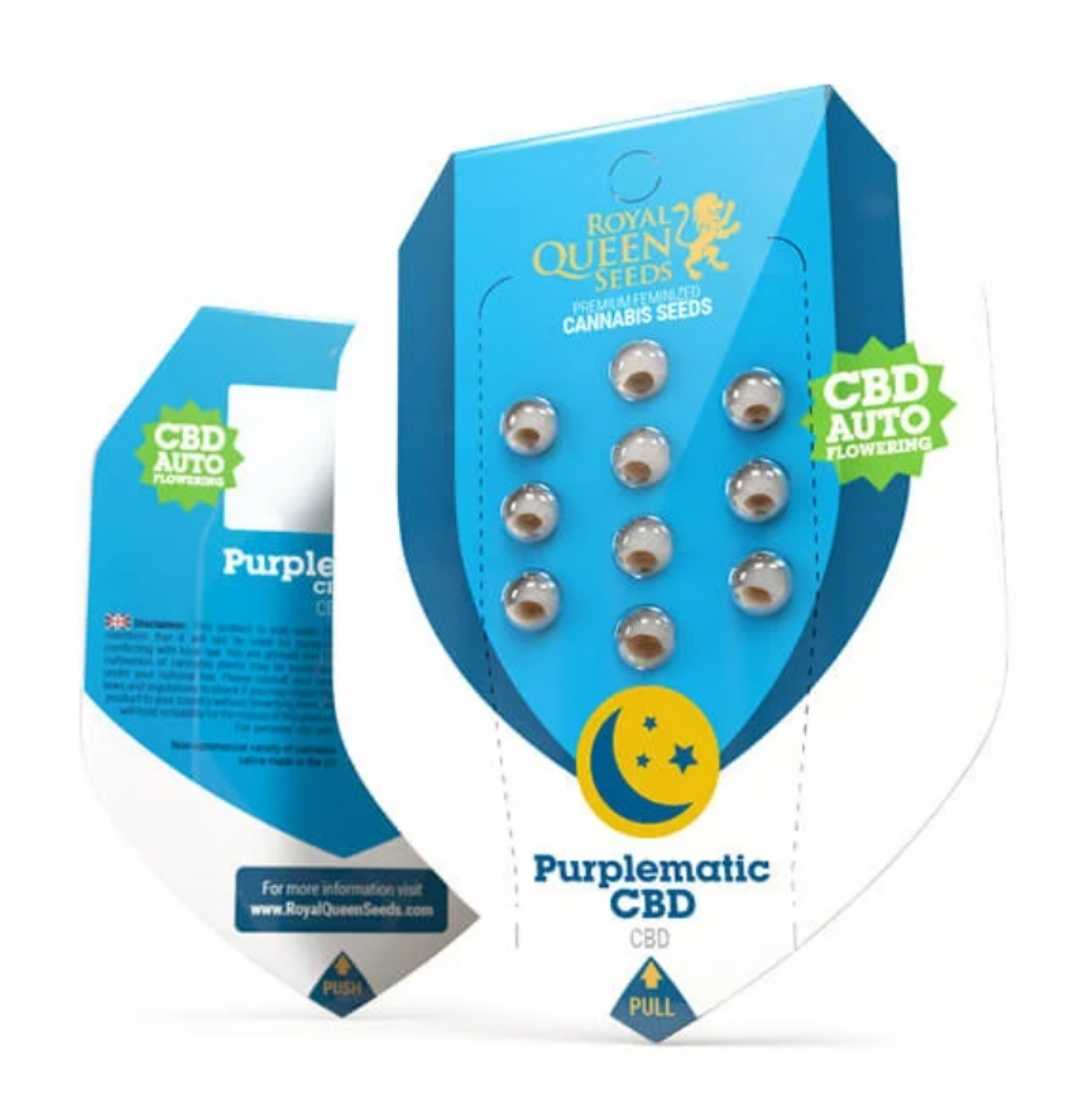 Blau-weiße Royal Queen Seeds Packung mit Purplematic CBD Autoflower Samen und Mond-Logo