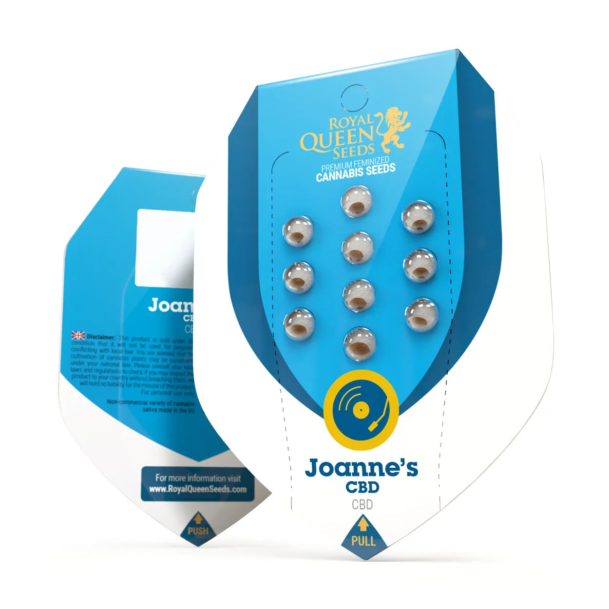 Verpackung von Joanne's CBD Samen von Royal Queen Seeds mit blau-weißem Design und Logo