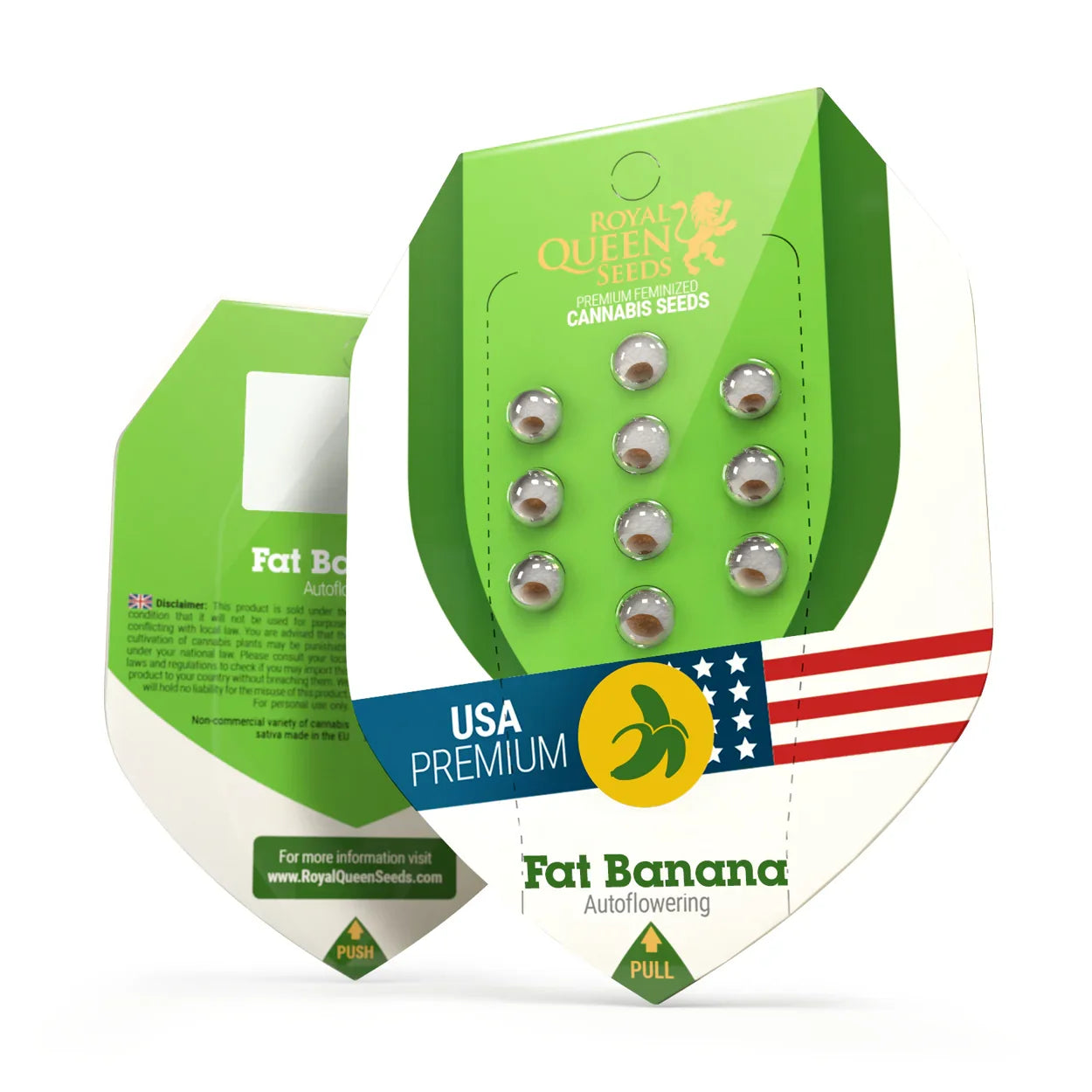 Verpackung der Fat Banana Auto Samen von Royal Queen Seeds mit USA Premium Label und grün-weißer Gestaltung