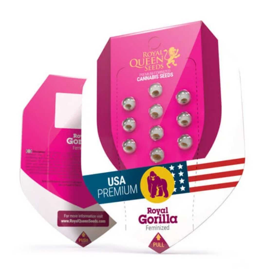Verpackung der Royal Gorilla Royal Queen Seeds Feminisiert mit 10 Samen in pink-weißer Blisterbox und USA-Premium-Label.