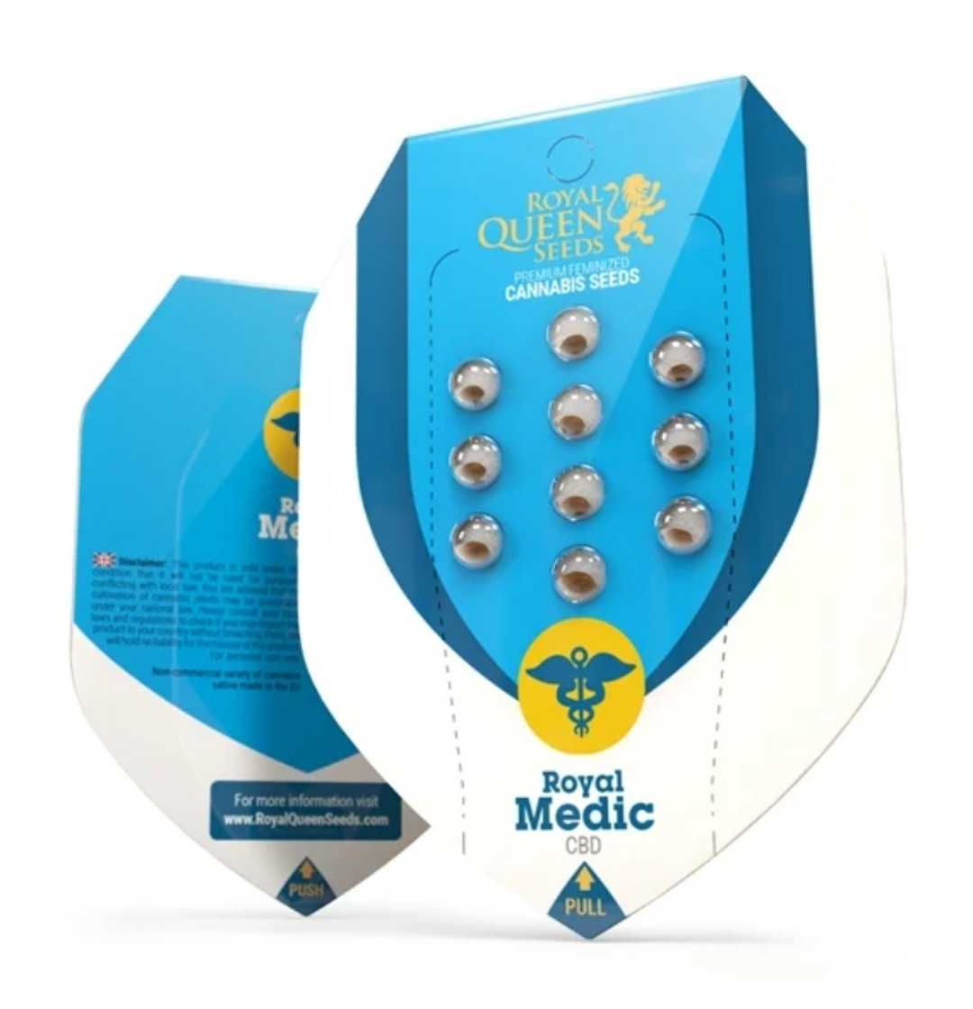 Royal Medic Samenverpackung von Royal Queen Seeds mit blau-gelbem Design