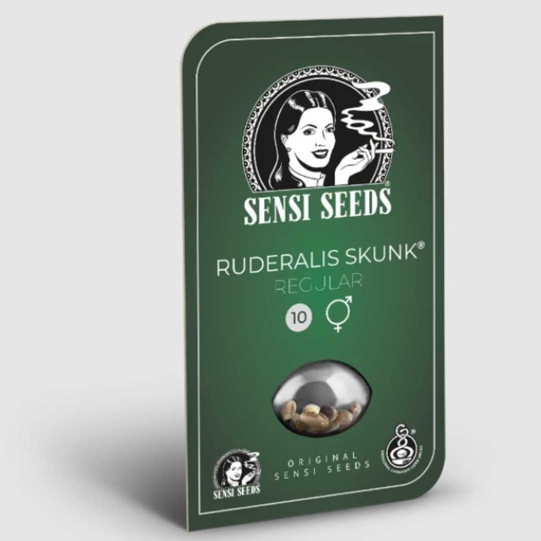 Verpackung der Ruderalis Skunk Regular Samen von Sensi Seeds mit grünem Design und Logo.