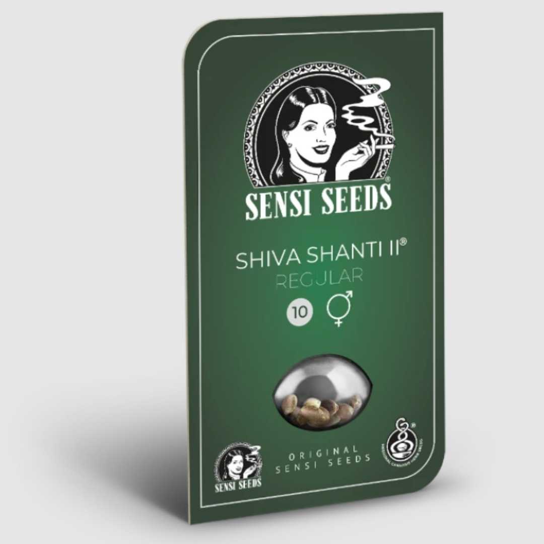 Grüne Sensi Seeds Verpackung für reguläre Shiva Shanti II Cannabissamen mit 10er-Markierung