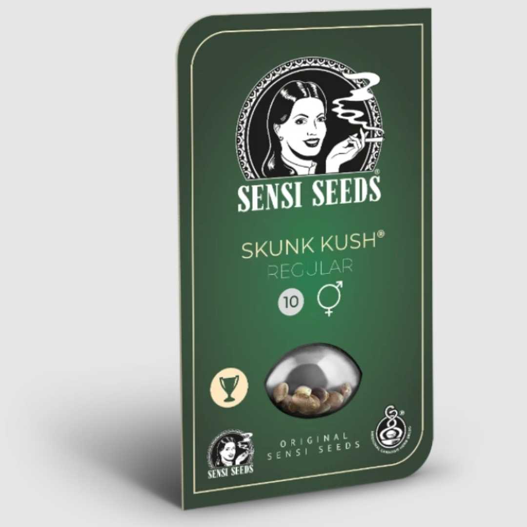 Skunk Kush Samenpackung von Sensi Seeds mit zehn regulären Samen und Markenlogo