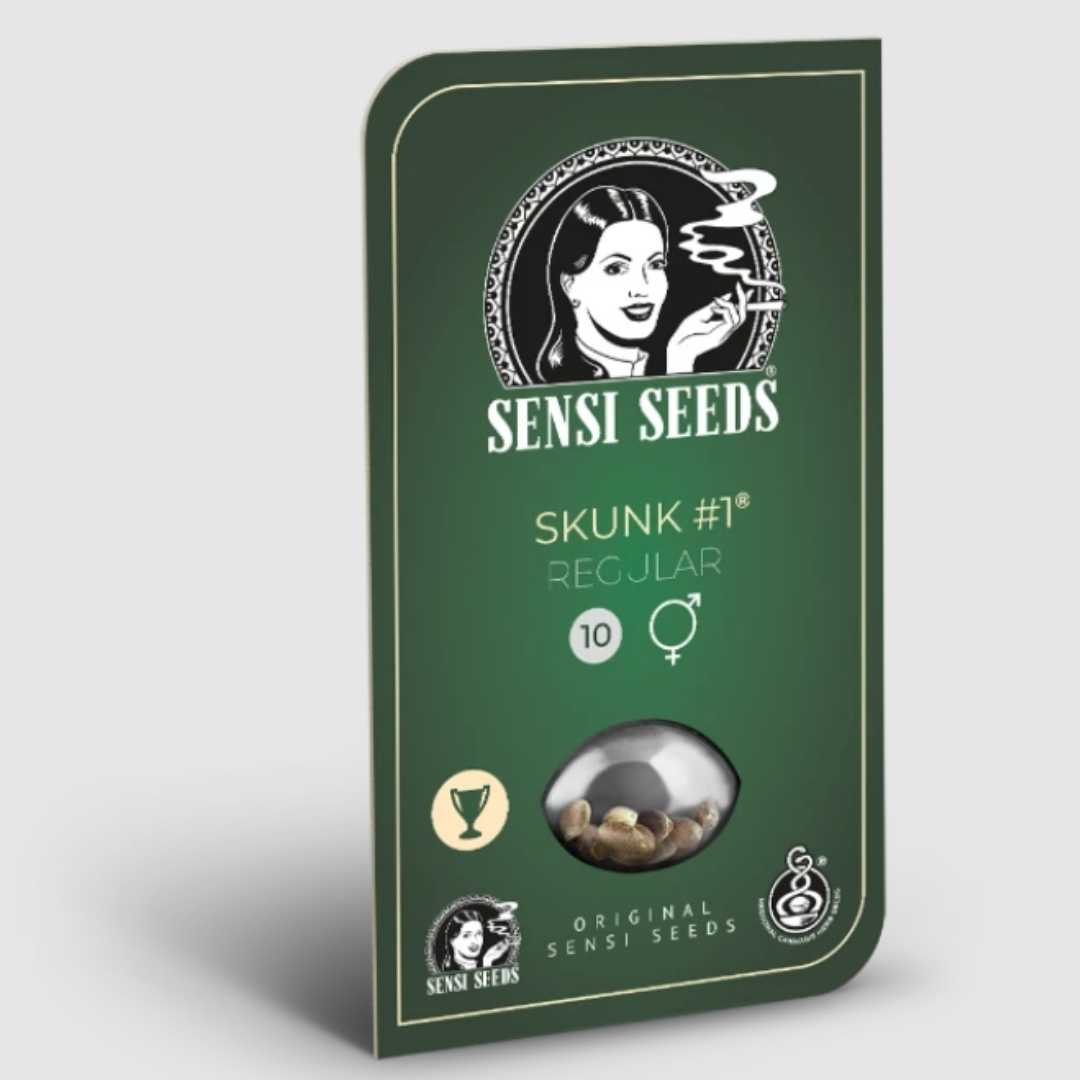 Sensi Seeds Skunk #1 Regular Saatgutpackung mit grünem Etikett und Sichtfenster