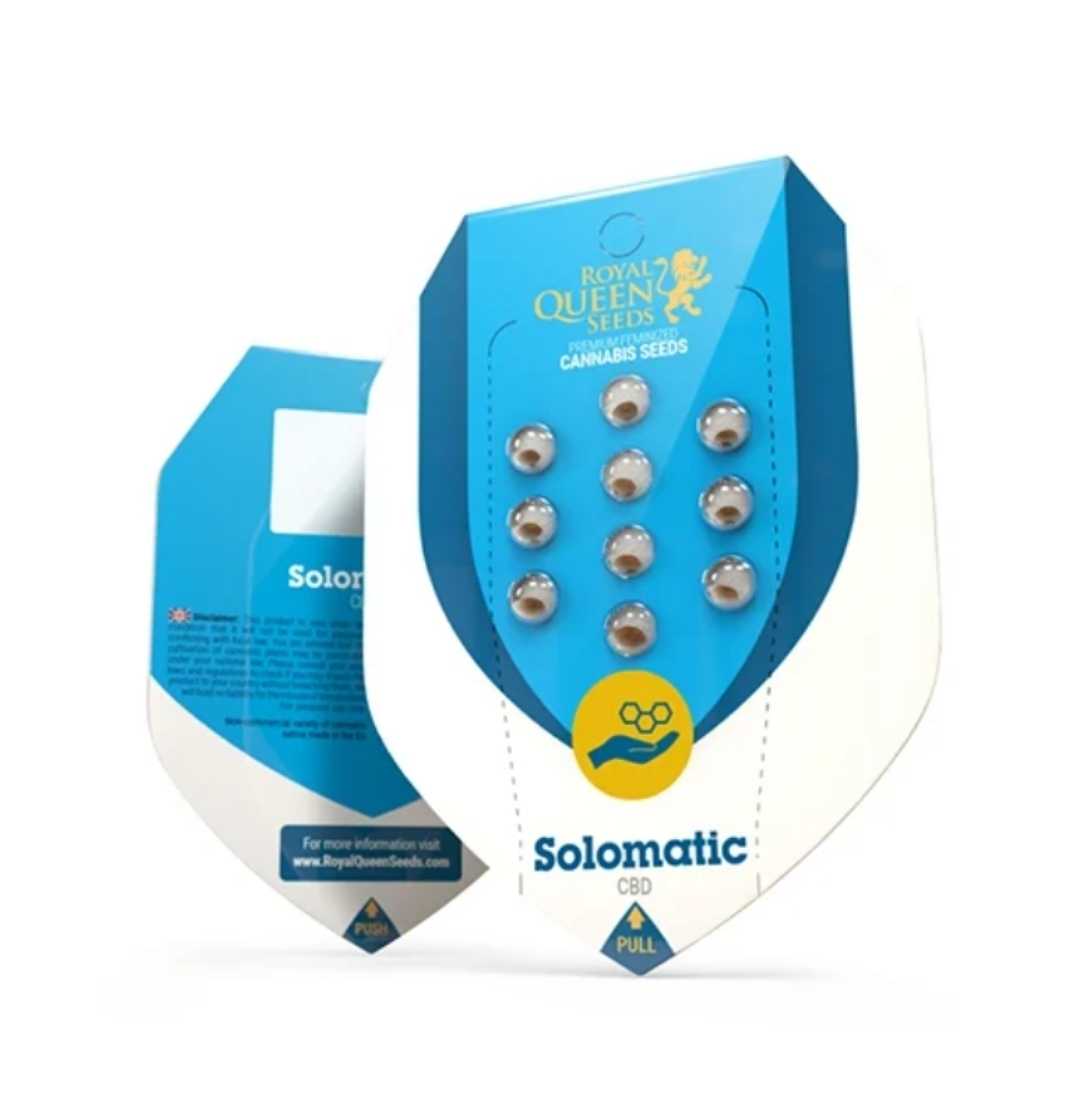 Blau-weiße Royal Queen Seeds Verpackung mit Solomatic CBD Samenblister