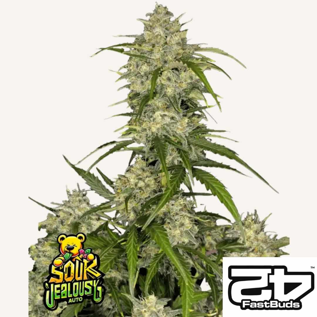 Sour Jealousy Auto Pflanze mit dichten, harzreichen Buds und leuchtend grünen Blättern