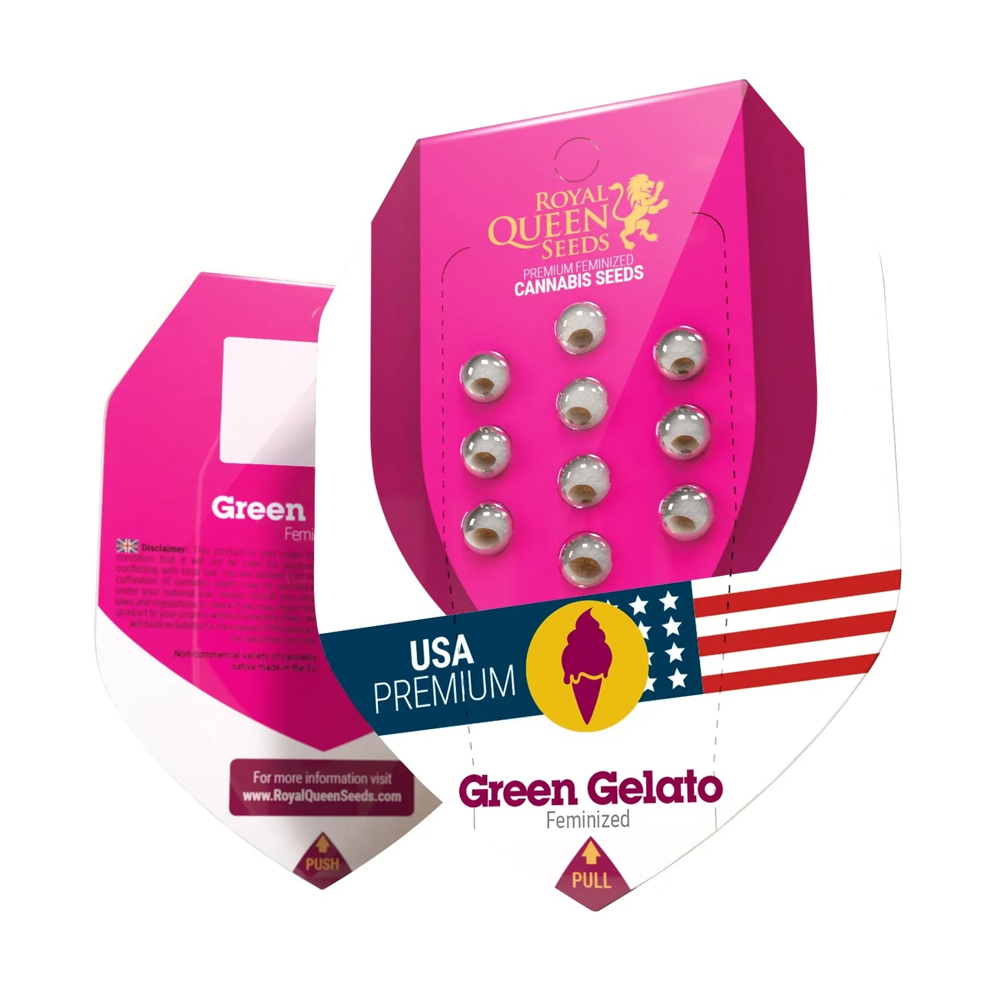 Green Gelato Samenpackung von Royal Queen Seeds mit pinkem Design und USA Premium Label