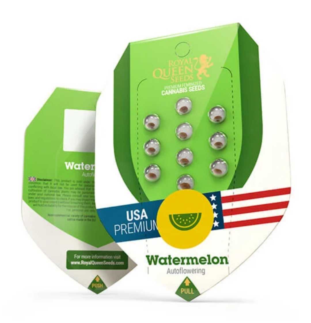 Royal Queen Seeds Verpackung für Watermelon Auto Samen, grün-weißes Design mit USA-Premium Label und Melonensymbol