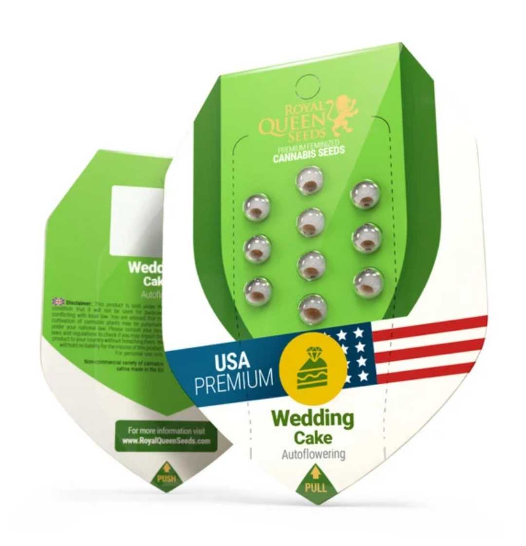 Verpackung von Wedding Cake Auto Samen, USA Premium Edition mit klarer Beschriftung und Design.