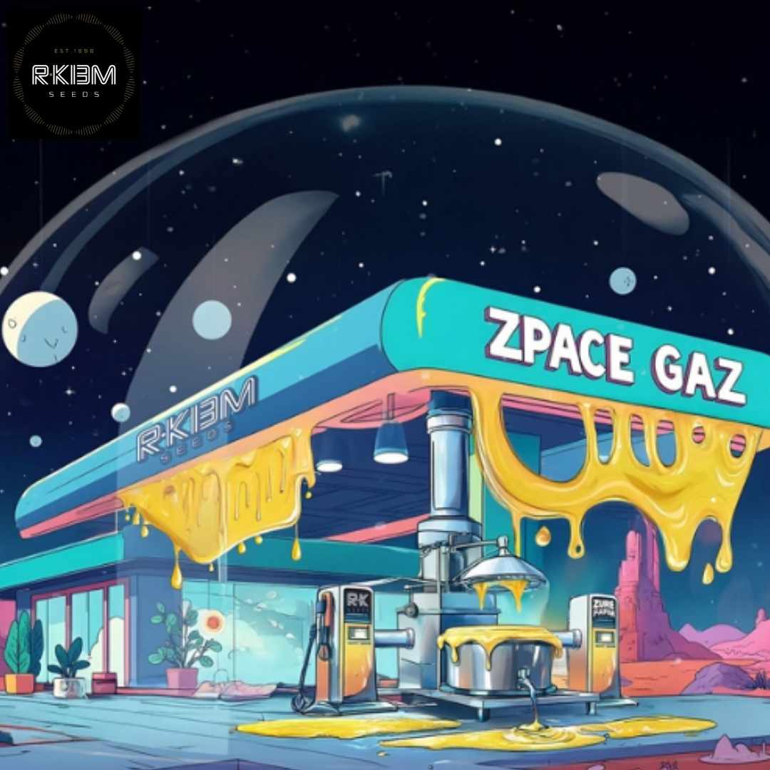 Zpaze Gaz Tankstelle mit schmelzendem Dach und Zapfsäulen im surrealen Stil