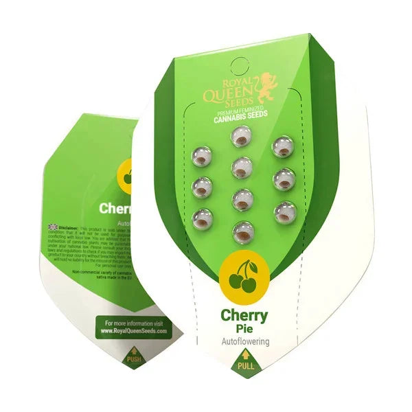 Verpackung der Auto Cherry Pie Samen von Royal Queen Seeds mit grün-weißem Design und Kirschsymbol.