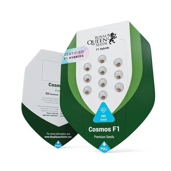 Verpackung der Auto CBD Cosmos F1 Samen von Royal Queen Seeds mit futuristischem Design