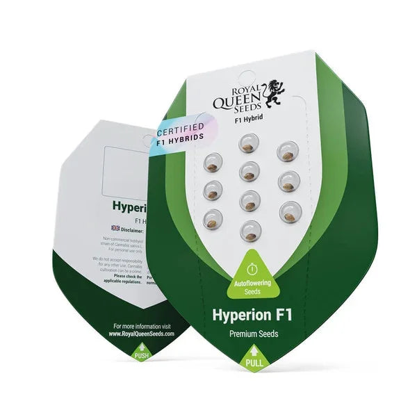Verpackung der Auto Hyperion F1 Samen von Royal Queen Seeds mit grün-weißer Box und F1-Hybrid-Kennzeichnung.