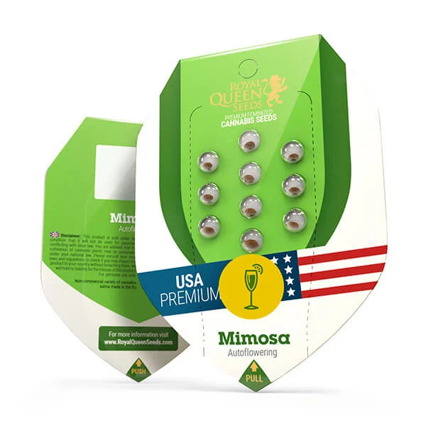Verpackung von Auto Mimosa Samen mit US-Flagge und grünem Design von Royal Queen Seeds.