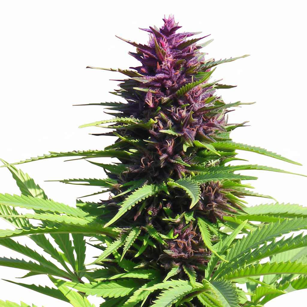Shaman Cannabispflanze mit dichten violettgrünen Blüten und kräftigen grünen Blättern