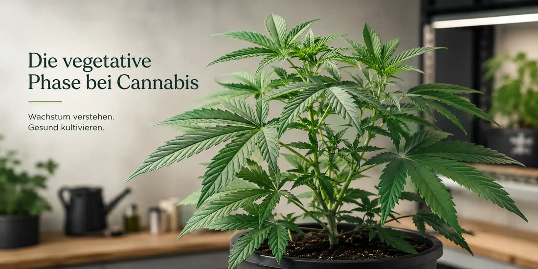 Vegetative Phase bei Cannabis mit kräftiger Pflanze, breiten Blättern und sichtbaren Seitentrieben