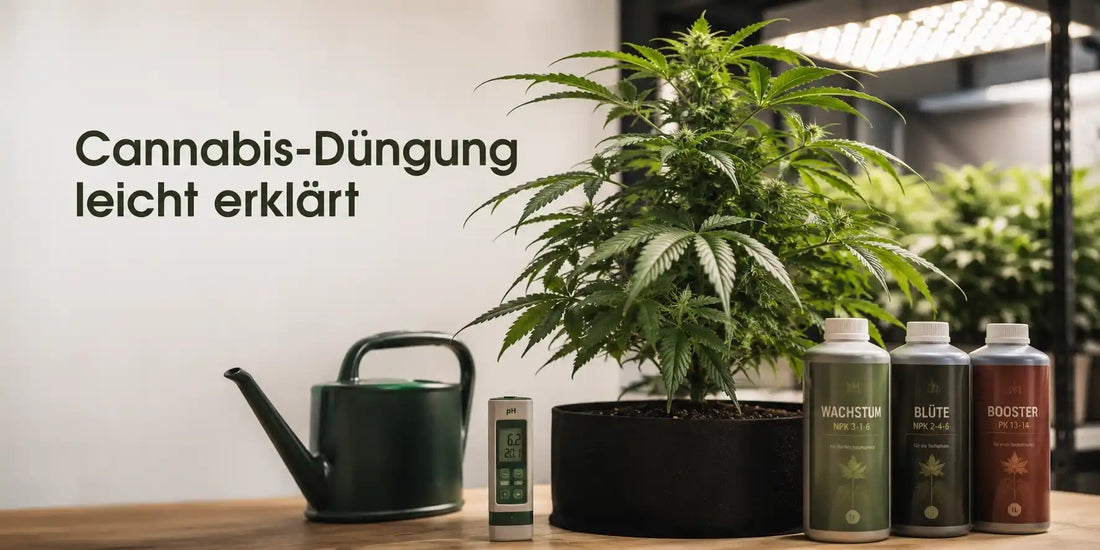 Cannabis-Düngung leicht erklärt mit Pflanze, pH-Meter und Düngerflaschen für Wachstum und Blüte