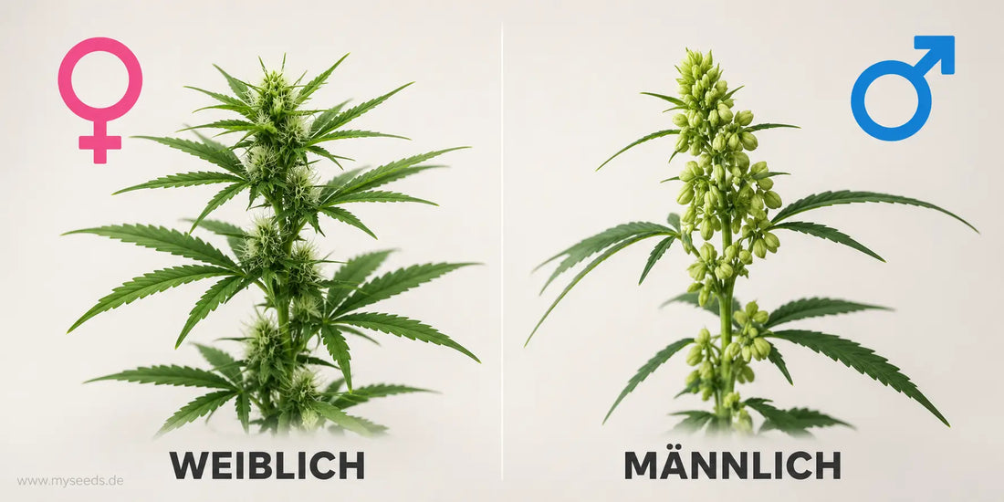Cannabis männlich oder weiblich im Vergleich: Weibliche Blüten links, männliche Pollensäcke rechts.
