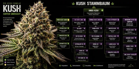 Kush Stammbaum Infografik mit Hindu Kush Ursprung, OG Kush Linie und modernen Kush Hybriden