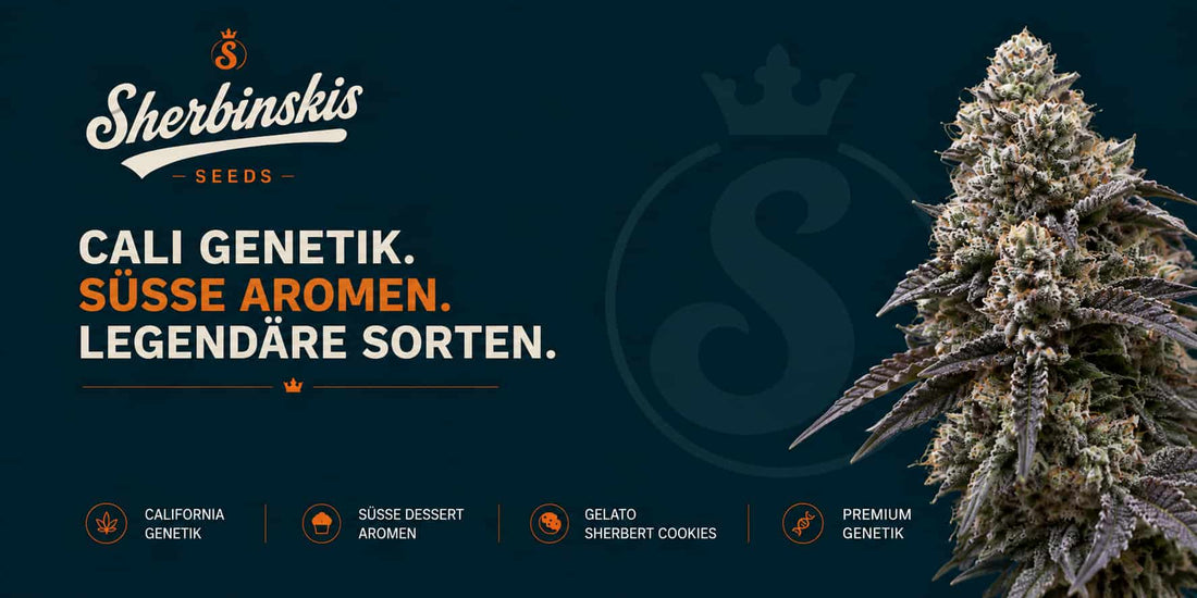 Sherbinskis Seeds Banner mit Cali Genetik, Dessert Aromen und harziger Cannabisblüte