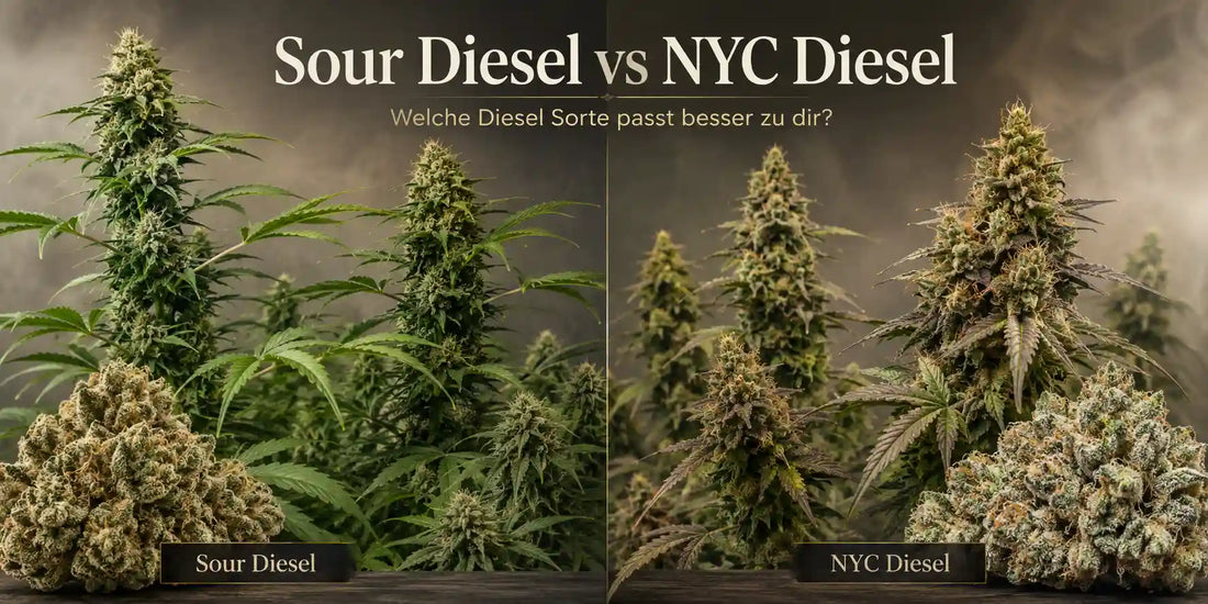 Sour Diesel vs NYC Diesel mit zwei Cannabispflanzen und dichten Buds im direkten Vergleich
